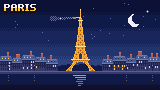 Paris at night, with the Eiffel Tower, in pixel art